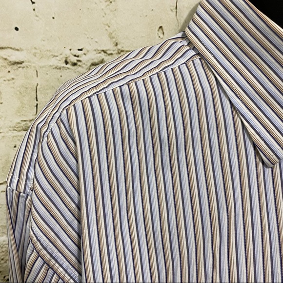 Tommy Hilfiger Blue Tan Striped Cotton Button Up Shirt - Picture 2 of 5